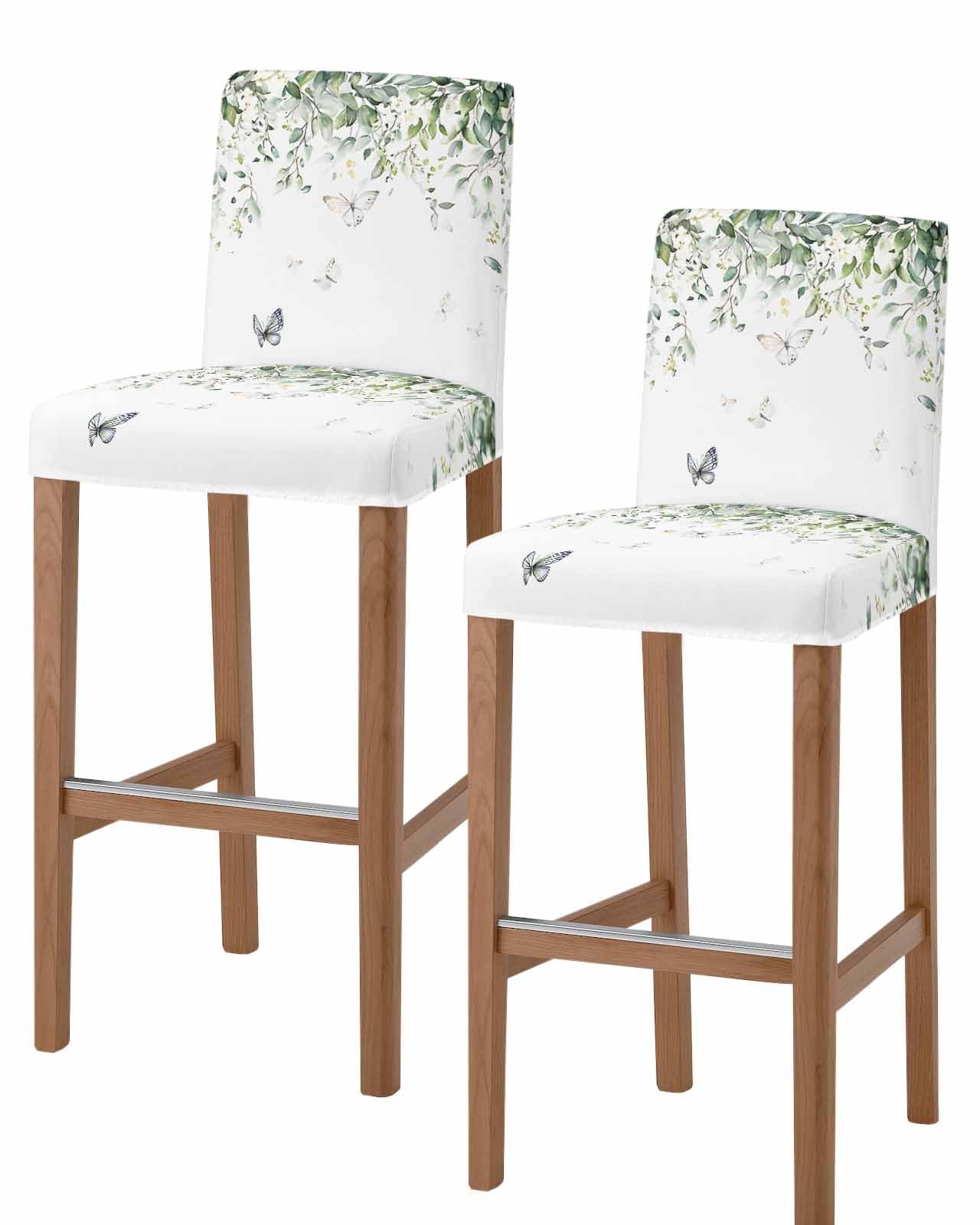 Eucalyptus Bar Stool Chair Covers Set of 2 with Back,Stretch Barstool Slipcovers Washable,Butterfly Sage Green Leaf Farmhouse Plant Pub Counter Height