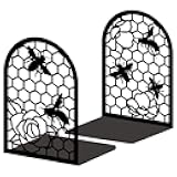 Black Metal Bookends for Shelves Decor Bees Heavy Duty Bookends for Book Supports Vintage Flower Book Stopper for Office Book Holder Shelf Accessories Unique 7x4.7x3.5 inch 1 Pairs/2 Pcs