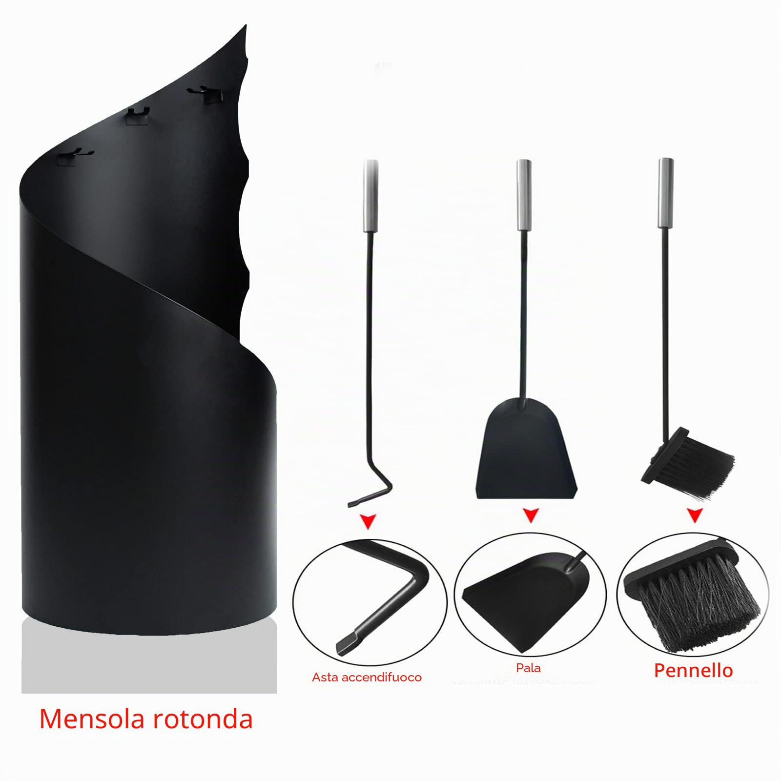 YRHome Set di 4 attrezzi per camino in acciaio inossidabile, set per camino, accessori per camino con attizzatoio, paletta per camino, paletta per cenere, supporto in acciaio con manici in acciaio