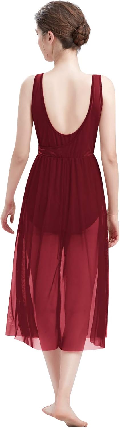 AFAVOM Women's Cutout Lyrical Dance Dress Adult Solid Backless Ballet Leotards Flowy Mesh Dress Contemporary Dance Costumes - Image 5