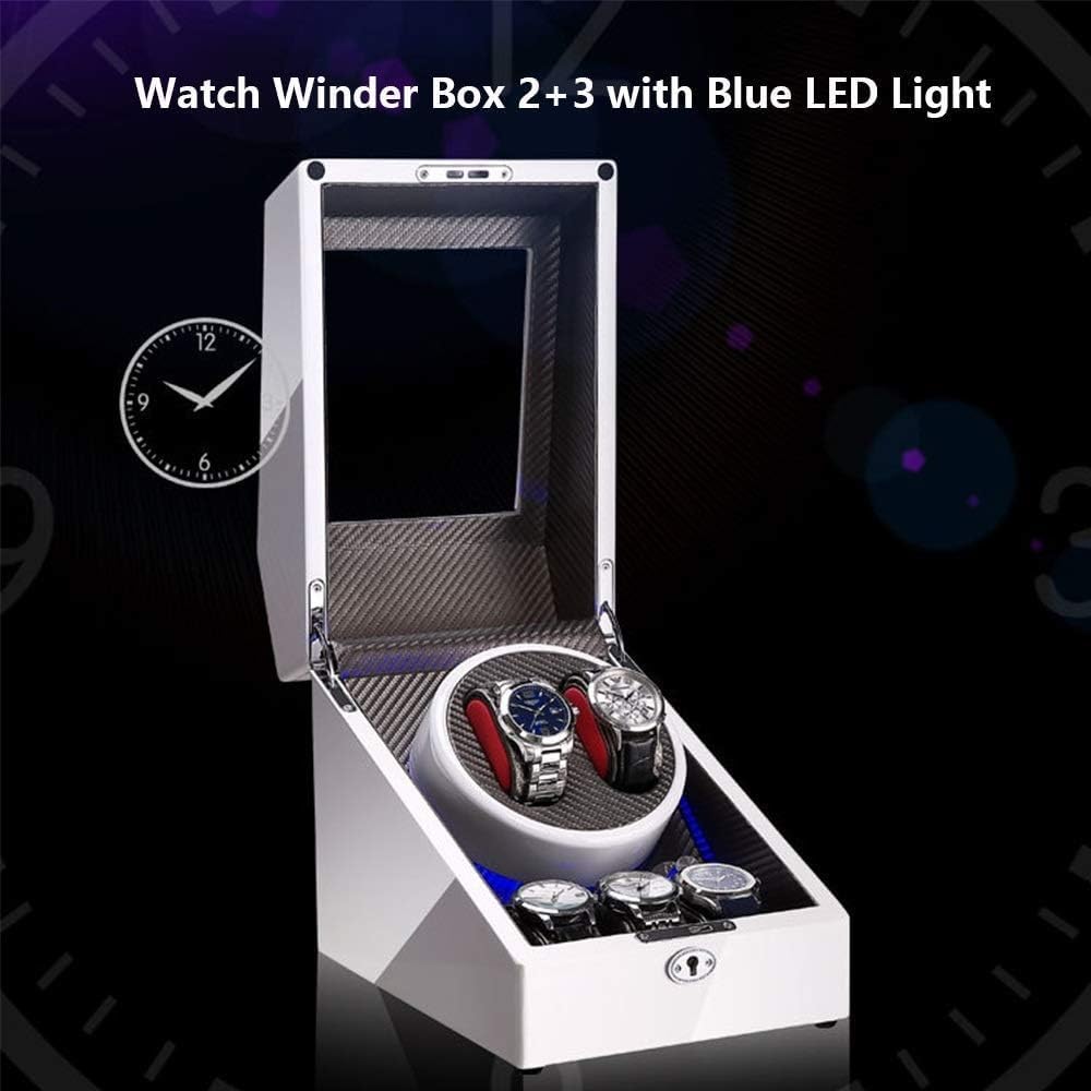 FENOKD 2+3 Automatic Watch Winder Box with LED Light, Wood Shell and Carbon Fiber Leather, Silent Motor, 4 Rotation Modes Setting Accessories