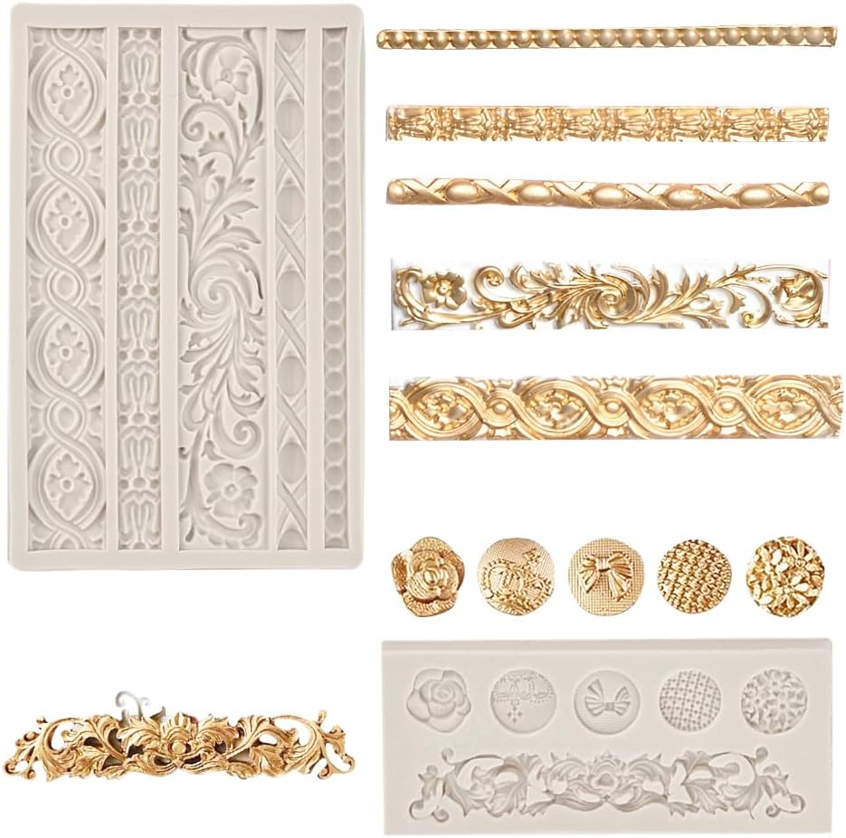 OKUYAN 2 Pack Fondant Silicone Mold 3D Baroque Sculpted Cake Mould Scroll Border Embossed Lace Molds Retro Relief Fondant Mould Silicone Fondant Cake Decorating for Sugarcraft Clay Gum Icing Candy