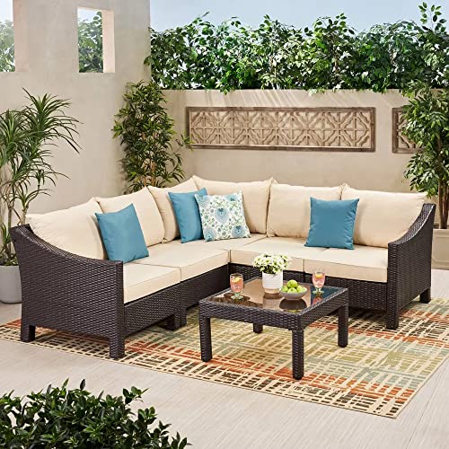 Image of DEVOKO Patio 3PCS Outdoor L Shape Rattan Sofa Set with Cushions and Center Table Furniture for Garden, Porch, Backyard (Dark Brown & Cream)