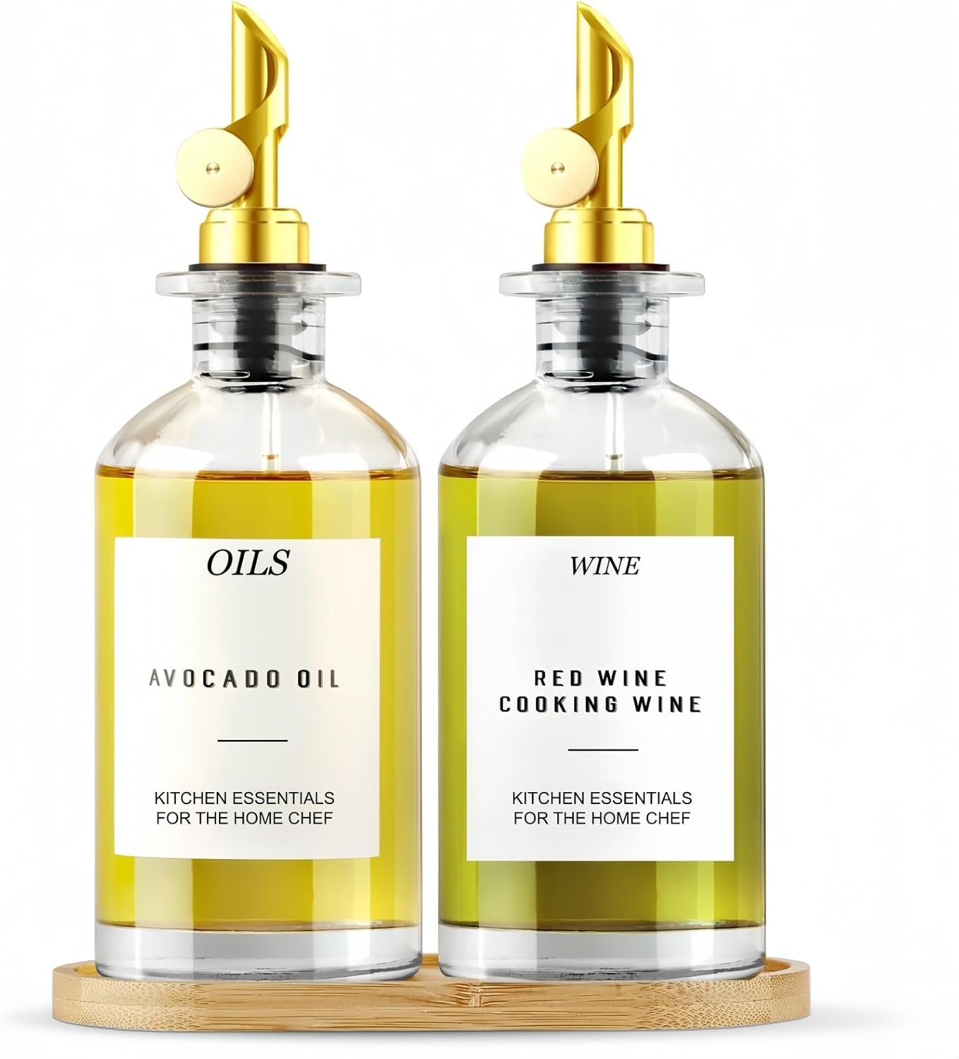 Olive Oil Dispenser for Kitchen, 11.8oz/350ml Glass Oil Bottles with Bamboo Tray and Labels, Oil&Soy sauce Cruet Set, Kitchen Dispenser Bottles with Pourer | Set of 2 (Golden, 11.8, ounces)