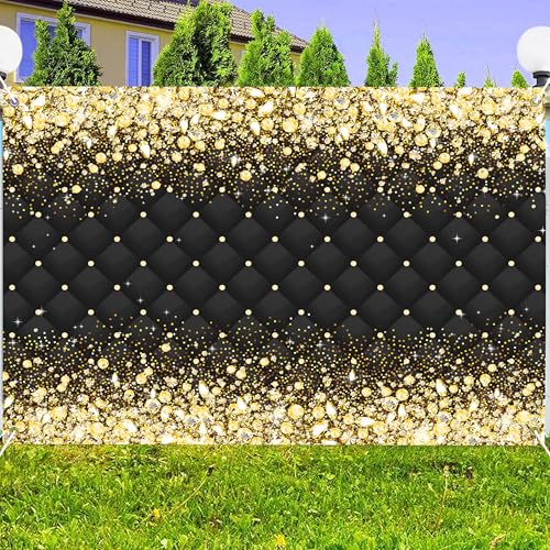 Image of Birthday Decorations Backdrop 10 x 8 ft Green Golden Happy Birthday Banner Large Birthday Party Background for Men Women Kids Photo Shoot Supplies (Black, 10 * 8 ft)