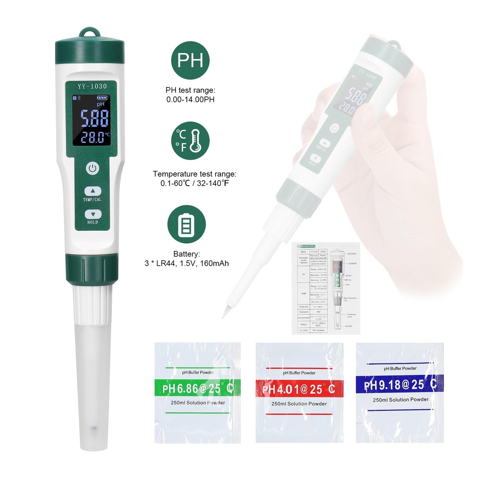 Medidor de PH alimentos for bebés con pantalla Digital YY-1030, alcalímetro masa, Detector for cosméticos y queso, medidor matriz del suelo, Probador preciso(YY-1030)
