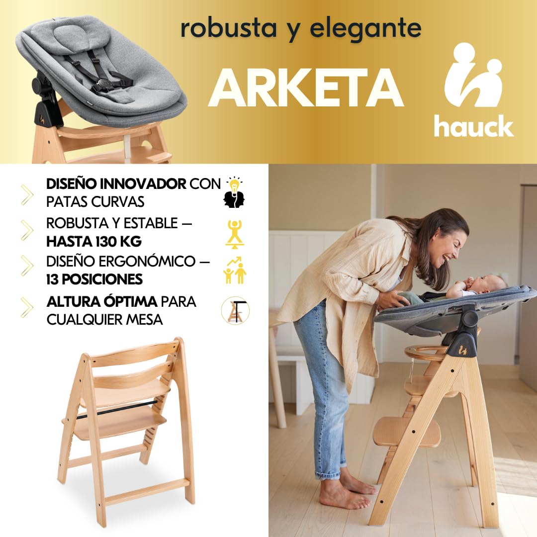 hauck Arketa Newborn Set de Trona de Madera de Haya Europea – Tronas Evolutivas Aptas desde el Nacimiento del Bebé con Accesorios - Hamaca para Recién Nacido y Cojín Incluido - Haya
