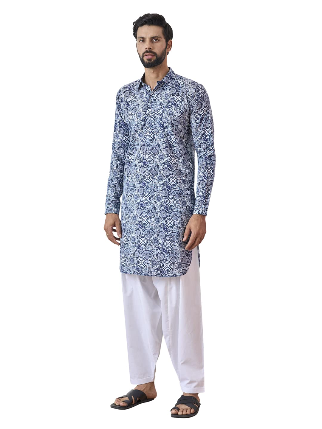See Designs Men Spread Collar Blue Regular Pure Cotton Pathani Full Sleeve Kurta With White Salwar - Sd2Mpkt_114003M