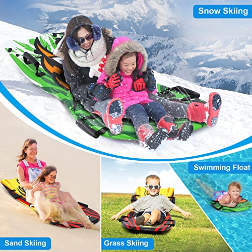 50in Snow Sled, 2 PCS Heavy Duty Snow Sleds for Kids and Adult with 4 Handles and Slick Bottom High Speed Foam Toboggan Durable Sleigh Board Snow Toys for Winter Outdoor Skiing Sport, Green& Red - Thumbnail 7