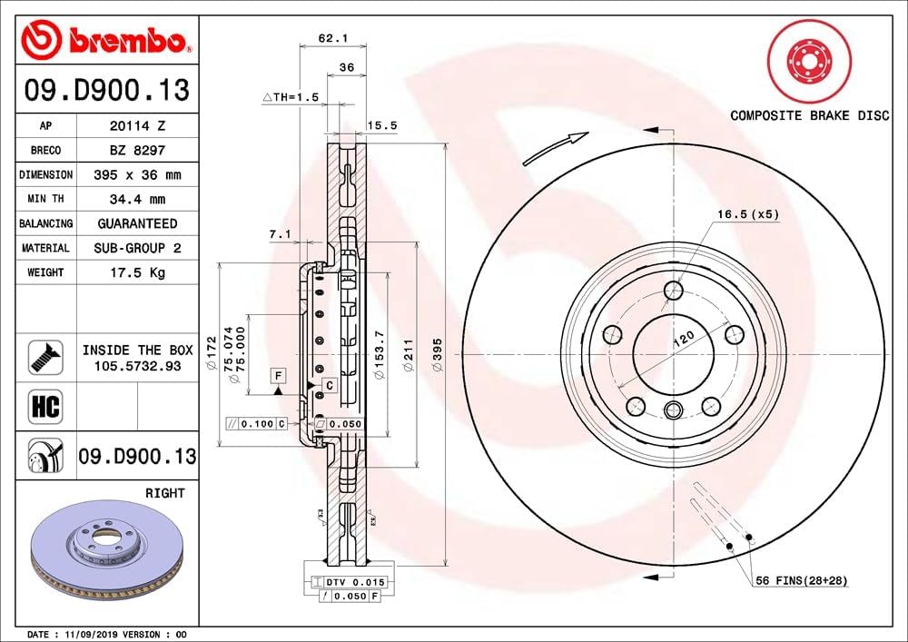 Brembo 09.D900.13 Composite two piece UV Coated vented Front Brake Rotor BMW OE# 34116789070