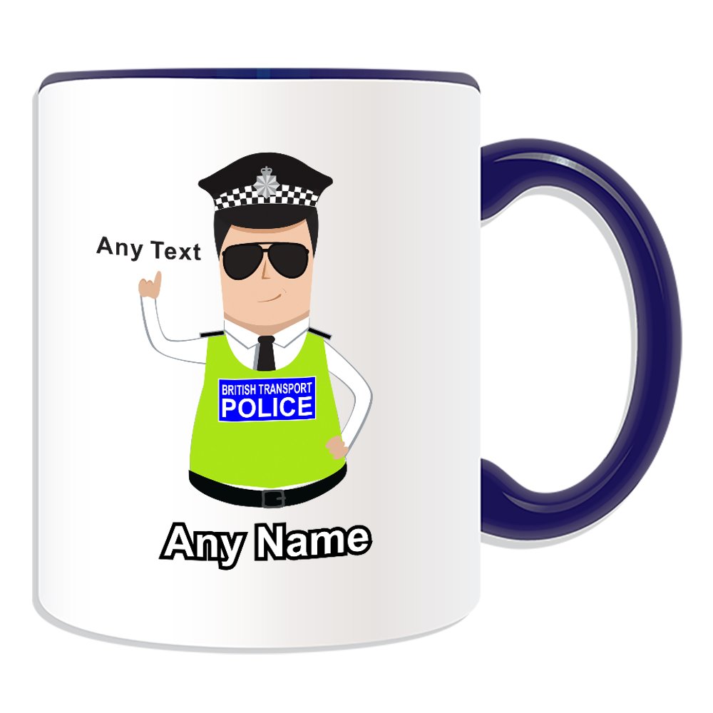Unigift Blue Personalised Gift - British Transport Police Mug (Police Design Theme, Colour Options) - Any Name/Message On Your Unique - Btp - Dark/Black Hair Policeman Hat Cap