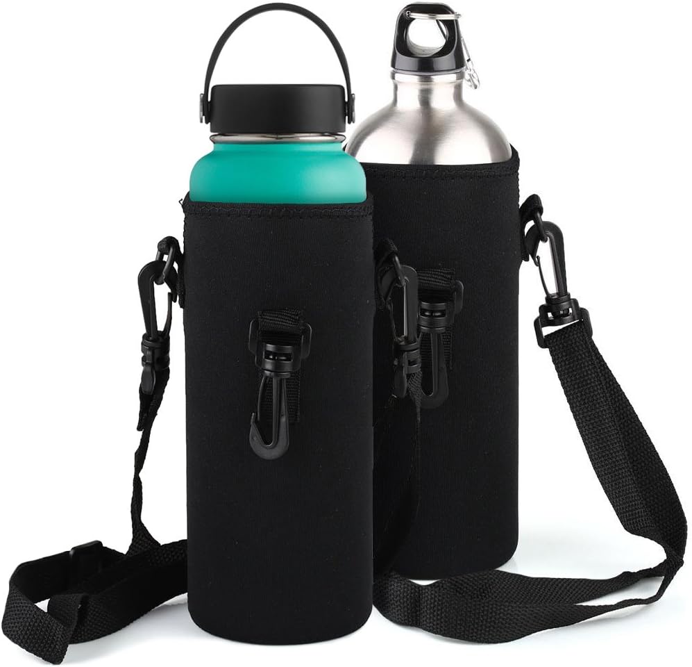 | 2pcs 1L/34oz Capacity Insulated Neoprene Water Bottle Holder with Adjustable Shoulder Strap | Sporty Water Bottle Pouch Cover for Walking Running Cycling | Black | 1583