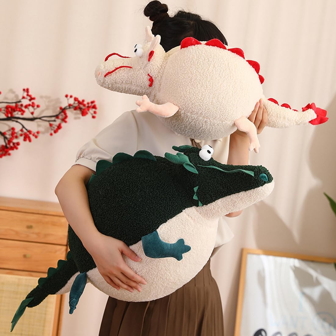 ELAINREN Chubby Green Dragon Stuffed Toy Pillow Soft Round Chinese Dragon Plush Cushion Decor Gifts for New Year/23.6''