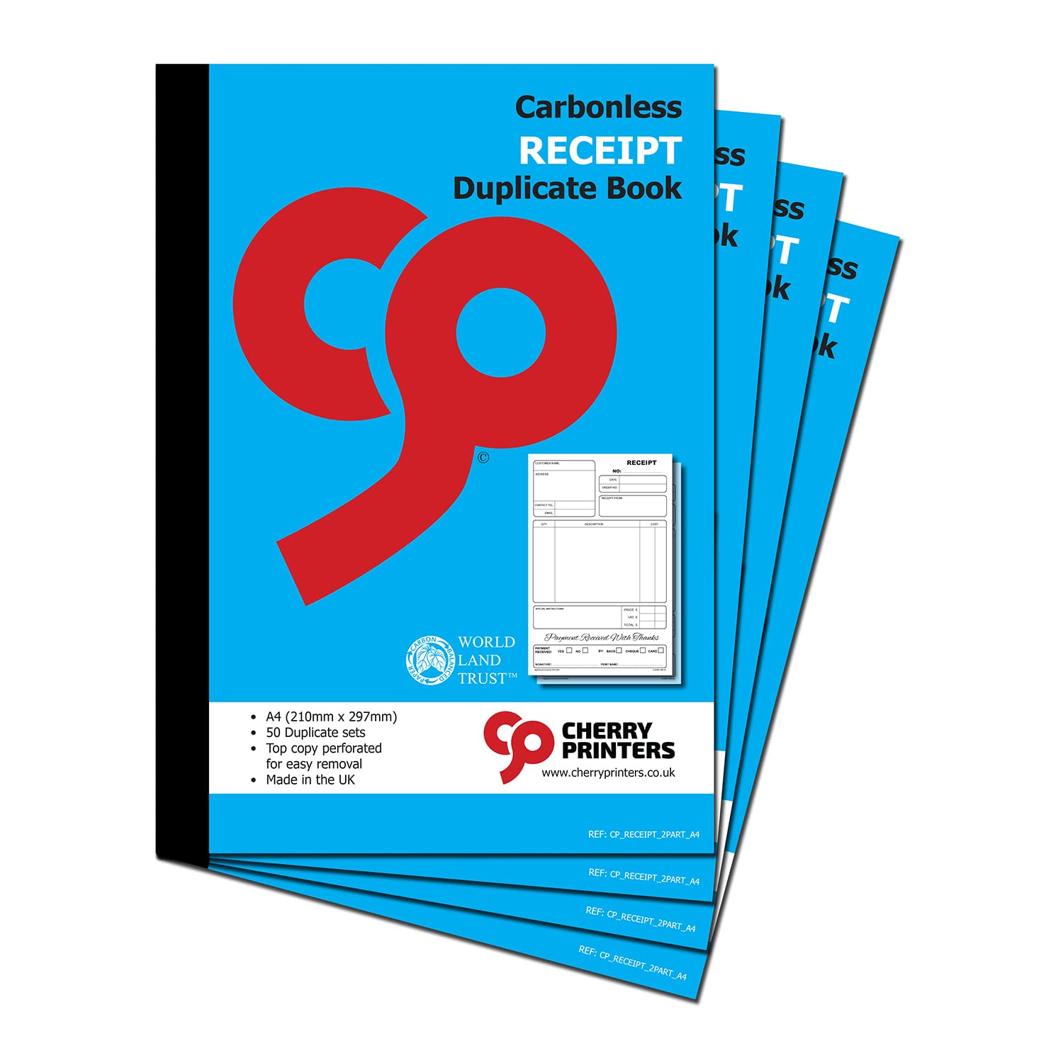 Cherry Carbonless Receipt Duplicate Book A4 | 50 Duplicate Sets | 2-Part NCR Perforated Top Copy for Easy Removal | Payment Received Forms | Made in The UK | 210mm x 297mm **4 Pack**