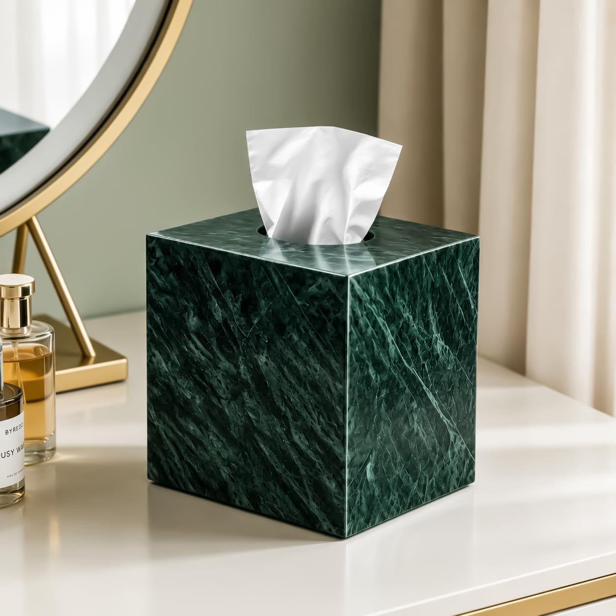 Porta fazzoletti in marmo naturale, quadrato, con fondo aperto, porta fazzoletti per bagno, vanity top, comò da camera da letto, piano di lavoro della cucina, verde
