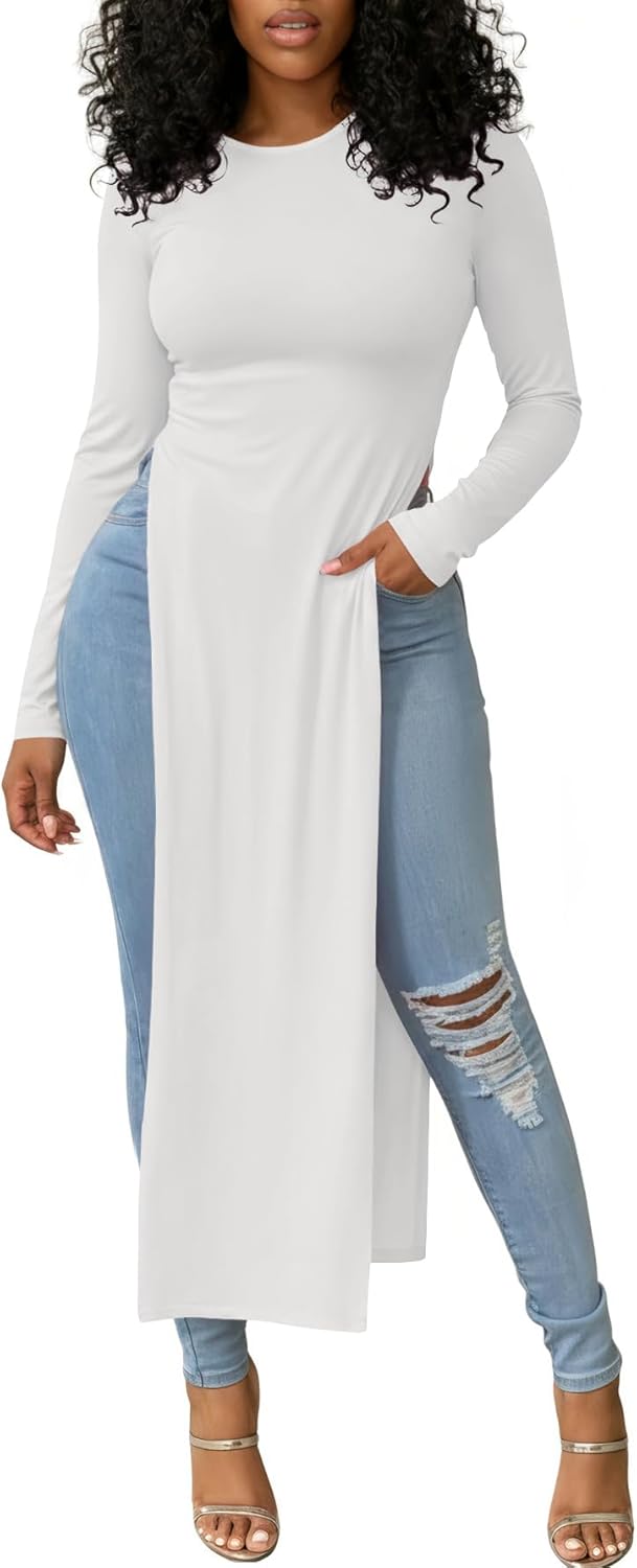 OPOIPIN Women's Crew Neck Split Slit Hem Long Sleeve Slim Fit Tee Top Long Shirt Tunic - Image 2