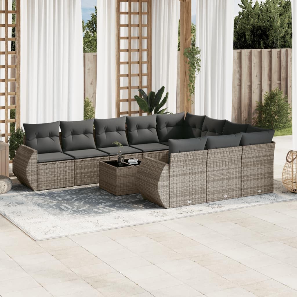 Juego de sofá de jardín de 11 piezas con cojines de ratán gris y mesa de cristal, diseño modular para terraza, fundas extraíbles, ratán sintético duradero, acolchado cómodo,