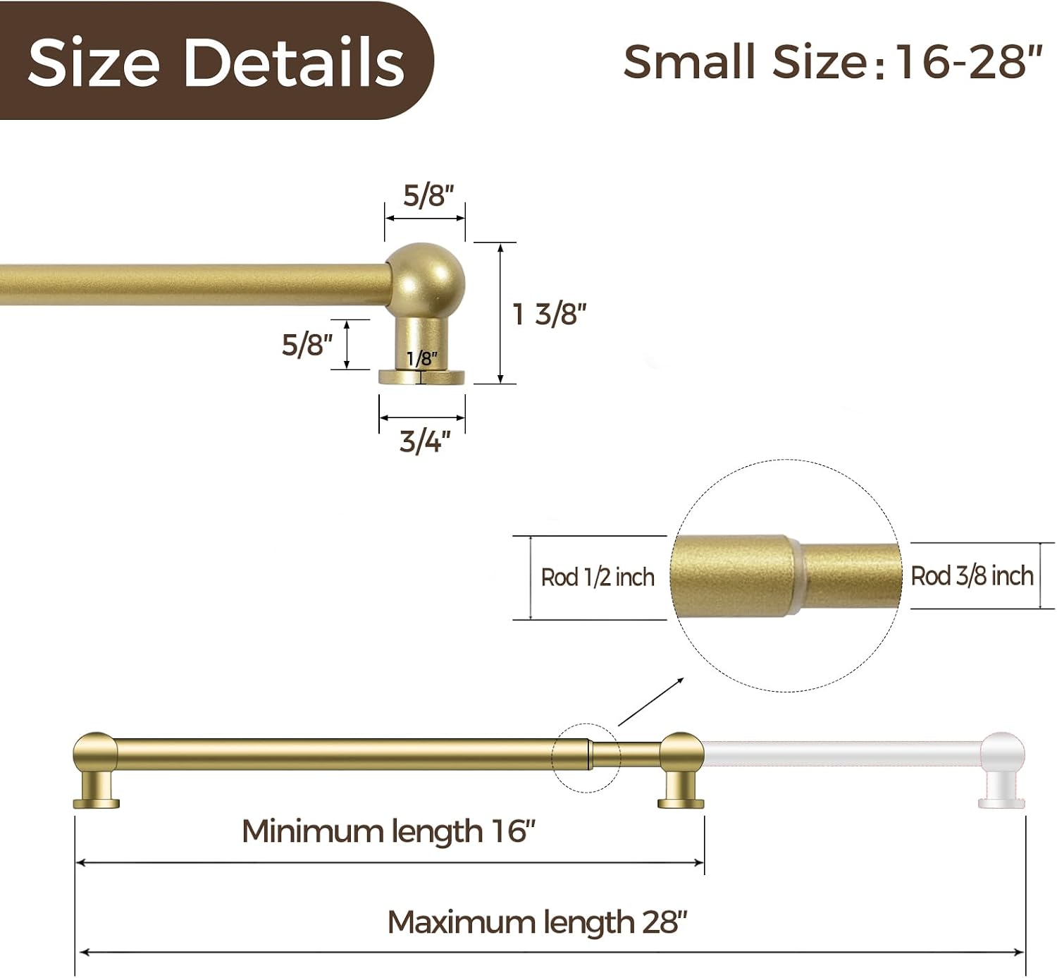 Drapifytex Adjustable Curtain Rod Set for Narrow Windows 16 to 28 Inch, Standard Cafe Curtain Rod for Window or Door, 1 Set, Gold