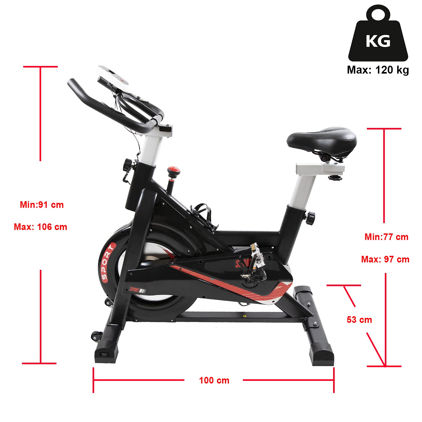 PUCHIKA Rower treningowy do użytku wewnątrz i na zewnątrz, rower spinningowy, Speedbike, z regulowaną kierownicą, wyświetlaczem LCD z miernikiem tętna, 10 kg koło zamachowe, waga użytkownika do 120 kg, czarny i czerwony.