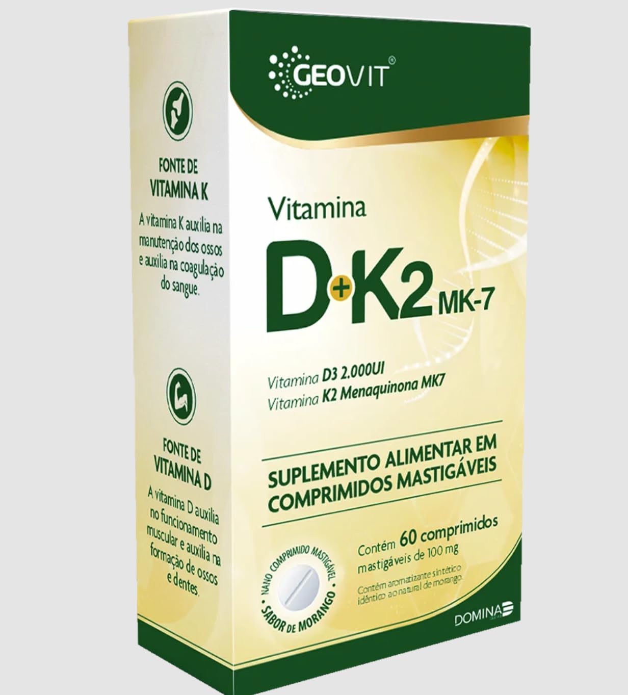 Vitamina D + K2 MK-7 Sabor Morango 60 Comprimidos Mastigáveis
