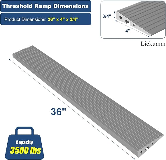 LIEKUMM 3/4 Rise Odorless Threshold Ramp for Doorways, Wheelchair Ramp with 3500 lbs Capacity, Portable Door Ramp for Electric Wheelchairs, Strollers, Garage, Robot Vacuums, Grey