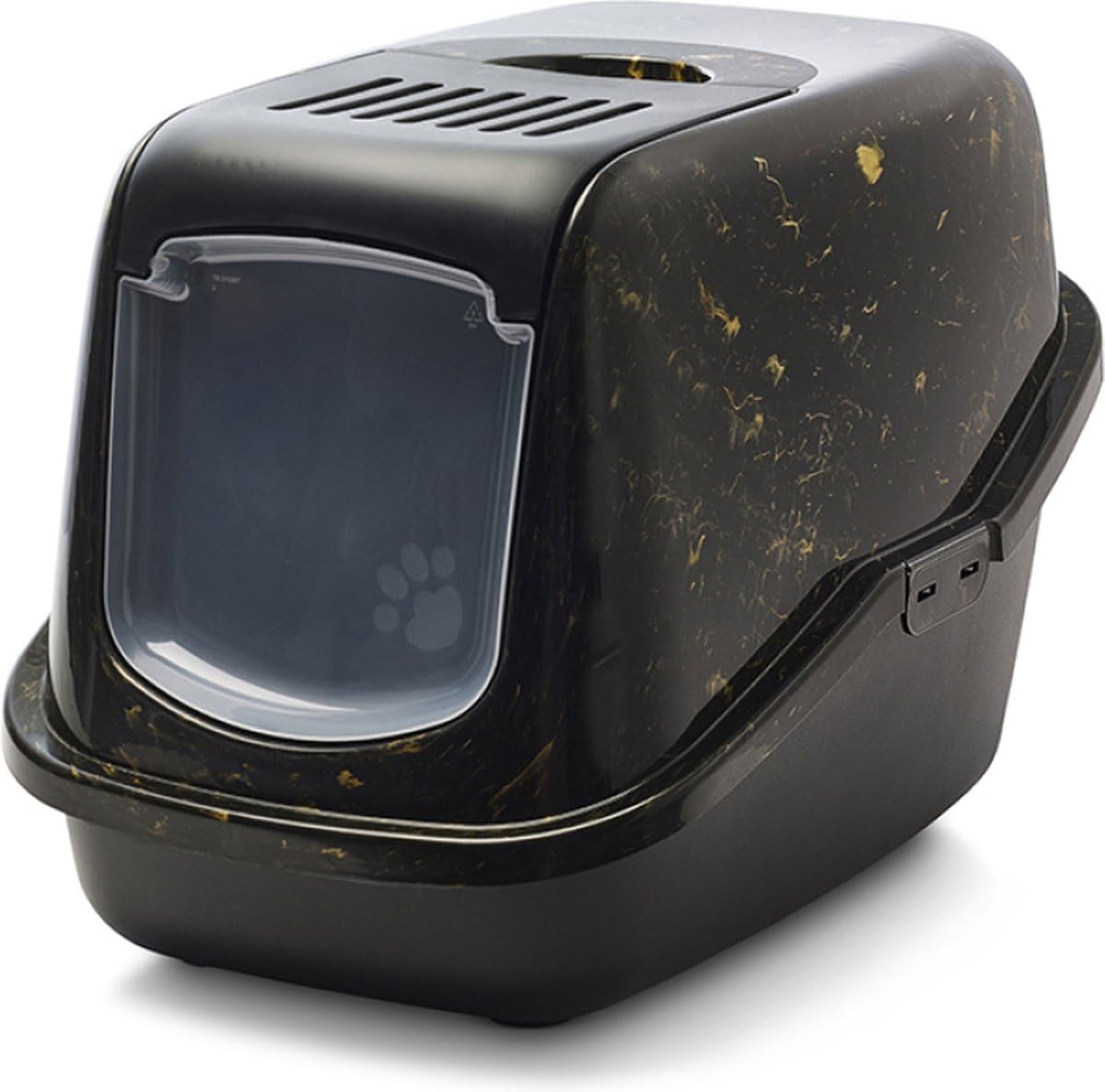 cat litter tray - Savic Nestor Marble - black/gold - marble design - fold-down front - high back - carbon filter - 56x39x38.5 cm