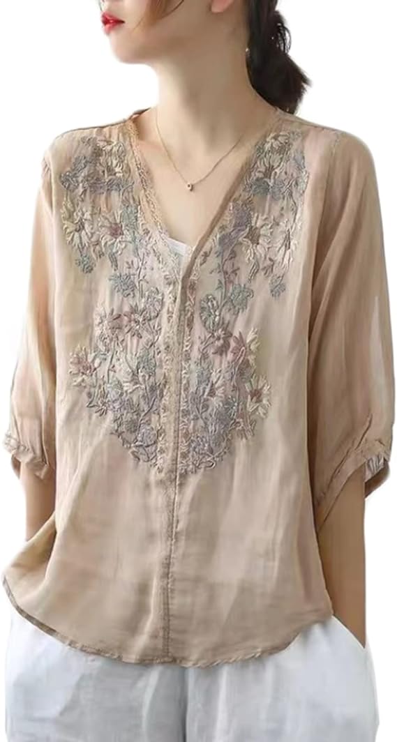 Amazon サマーシャツ 夏服 レディース 刺繍ブラウス 花柄 綿麻 透ける Vネック 半袖 薄手 森ガール ゆったり 女性らしい ラウンド裾 ヴィンテージ トップス チュニック 春秋 通勤 涼しい ホワイト ブルー カーキ M 2xl シャツ ブラウス 通販