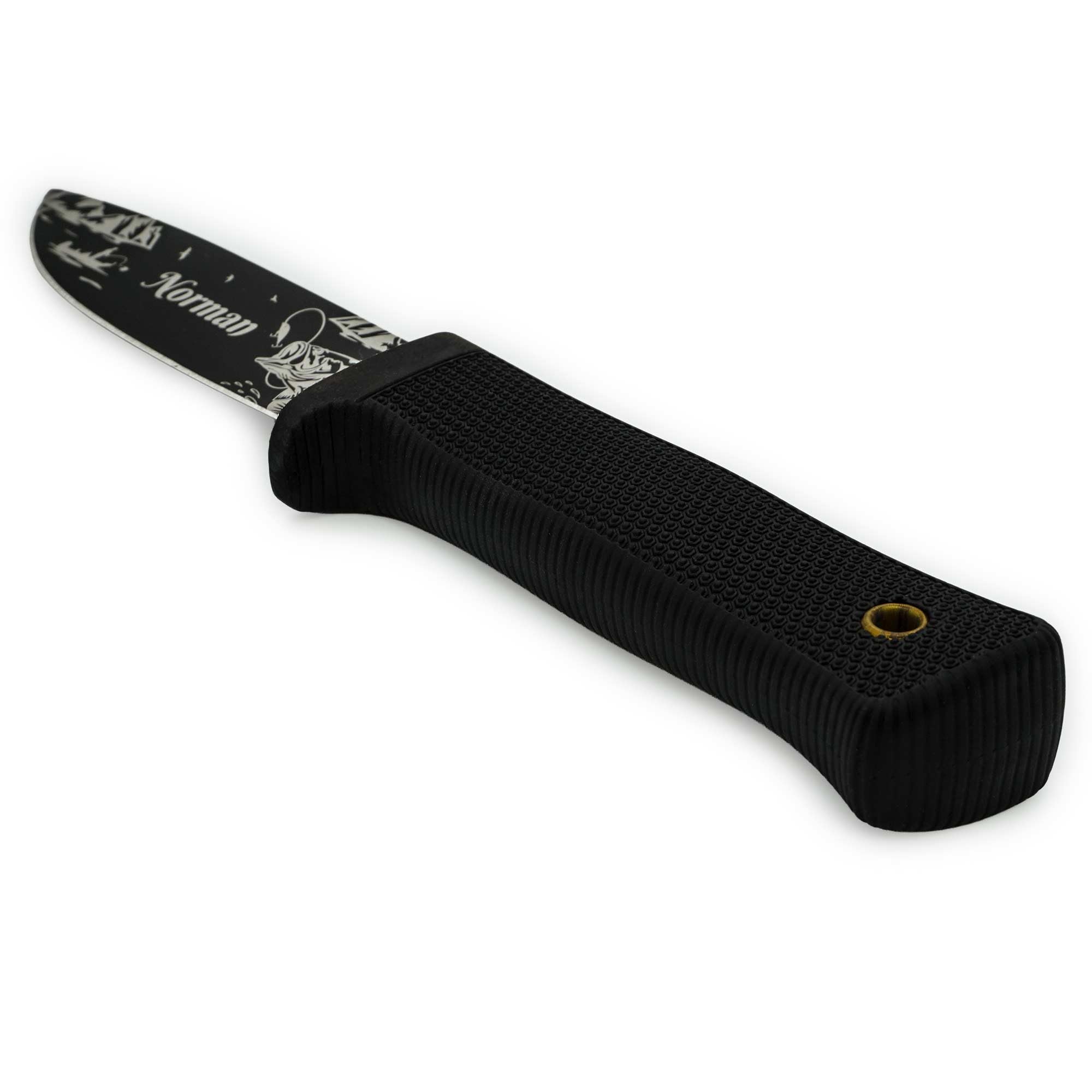 ADAM WILD Angelmesser mit Gravur | schwarze Klinge | Geschenke für Angler | Personalisiertes Anglermesser, Name & Motiv graviert | robuste Edelstahlklinge & gummierter Griff | inkl. Messerscheide