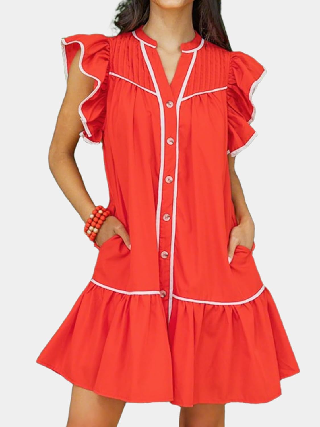 HOULENGS Women's Summer Ruffle Cap Sleeve Flowy Short Dresses Button Down V Neck A Line Babydoll Mini Dress with Pockets Red X-Large - Image 6