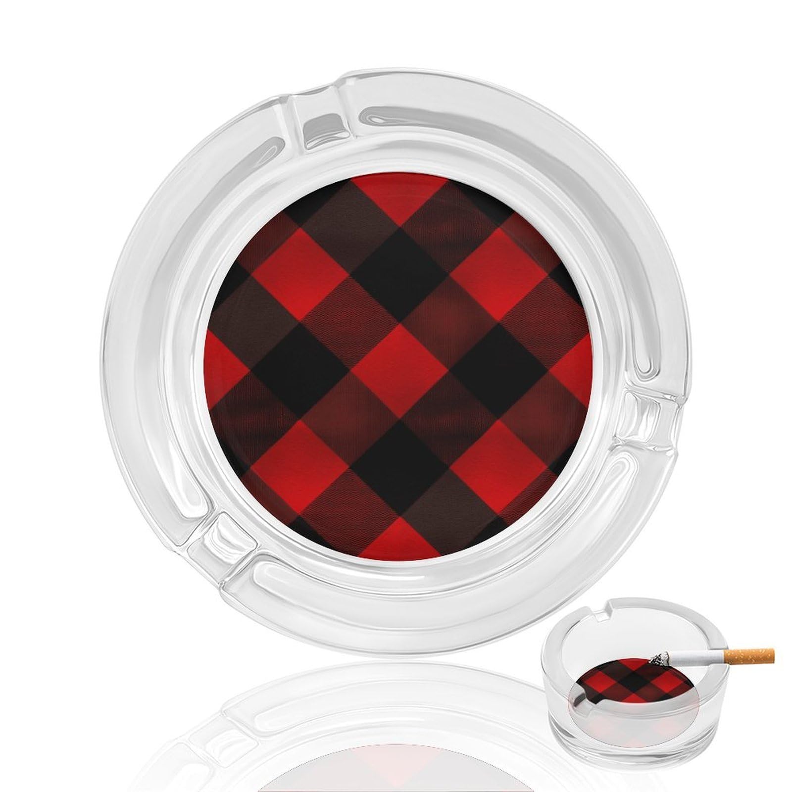 Plaid Red And Black1 Ashtray Cigar Cigarette Rest Glass Outdoor Cigar Ashtrays with 3 Grooves Travel Cigar Ashtrays Fancy Cute Cool Ash Tray for Smokers Tabletop