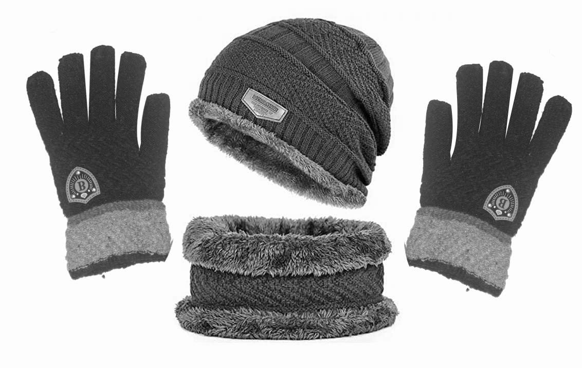 Winter Woolen Cap, Neck Warmer Scarf with Gloves Set| Beanie Style| 3 Piece Set| Warm Winter Neck Scarf, Gloves and caps Suitable for Men and Women|Stylish(Grey)-image-9