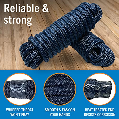 Image of Dock Lines for Boats 1 /2 inch x 25ft, 2 Pack Double Braided Nylon Boat Rope | 12 inch Loop, Marine Grade Mooring Line for Docking, Navy, Better Boat