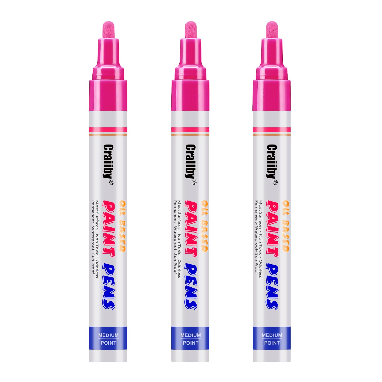 Pink Paint Markers, 3 Pack Oil-Based Waterproof Quick Dry Permanent Paint Pen Set for Rocks Painting, Wood, Fabric, Plastic, Canvas, Glass, Mugs,