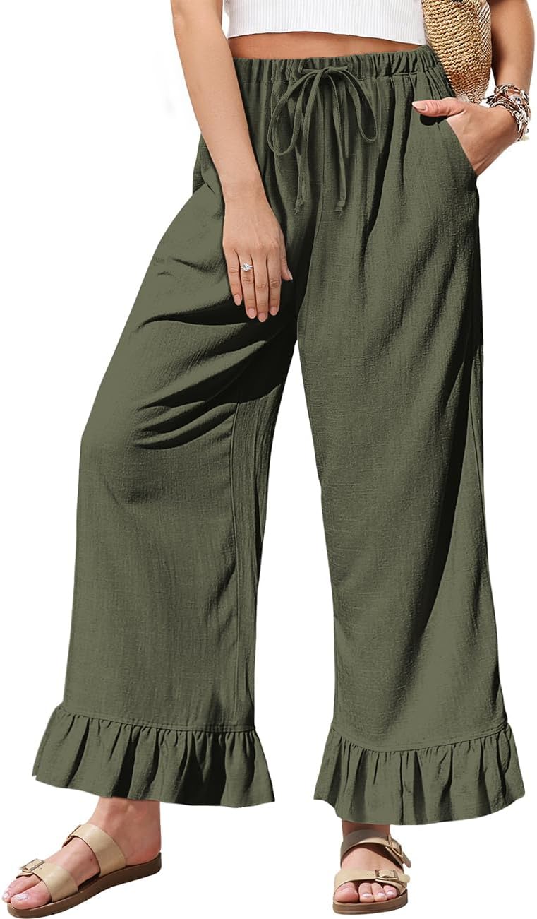 TARSE Womens Linen Casual Pants Flared Leg Wide Leg Drawstring Ruffle Harem Palazzo Pants with Pockets