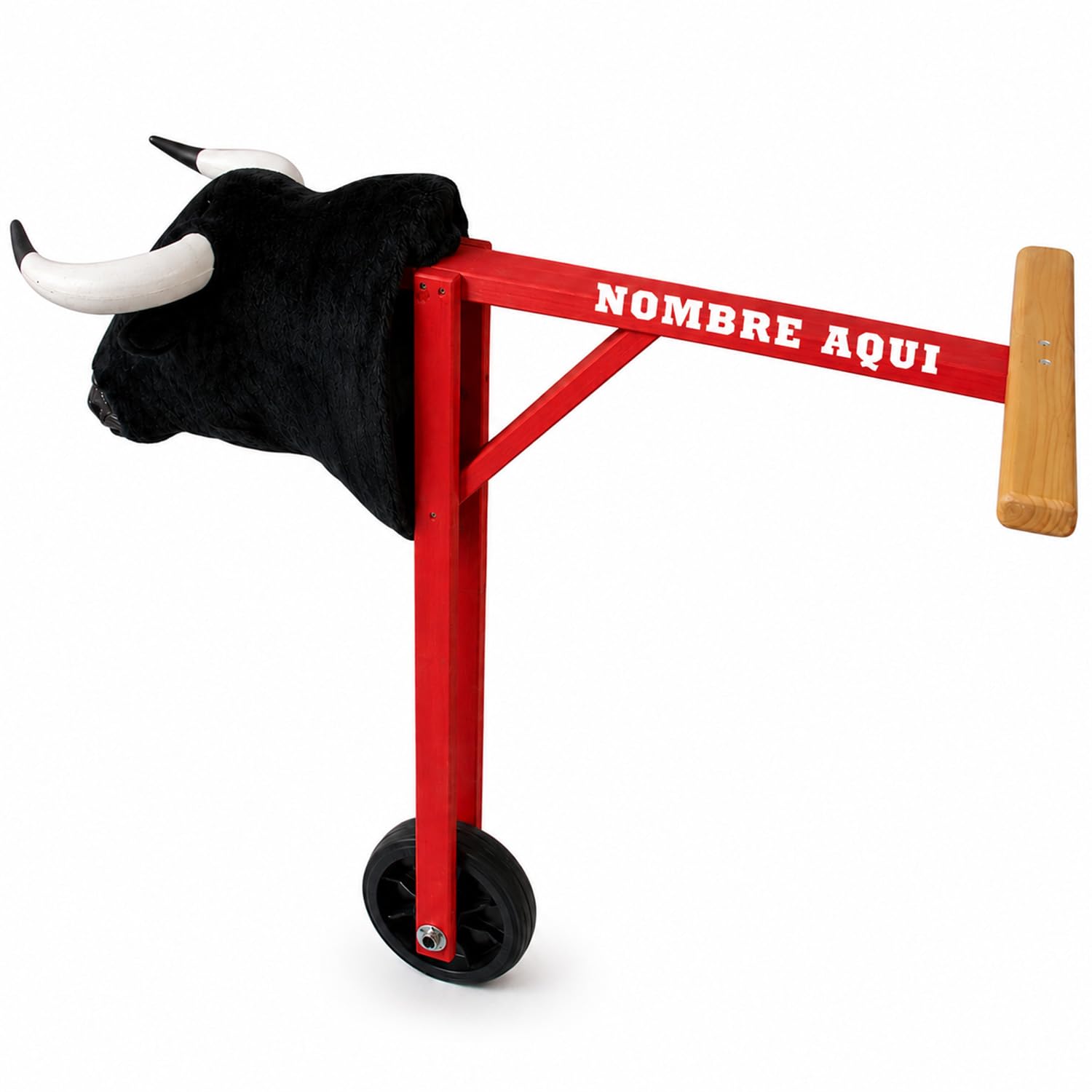 Carretón de madera mediano para niños 75 cm, toro con ruedas personalizable con nombre, cabeza de fibra y cuernos de plástico, juguete taurino infantil para encierros y bous al carrer desde 5 años