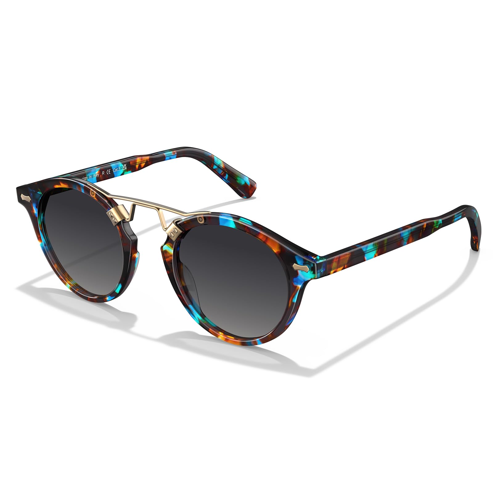 CARFIA Double Bridge Small Acetate Sunglasses for Women Polarized, Retro Metal Brow Ladies Sunnies Fashion Round Eyewears