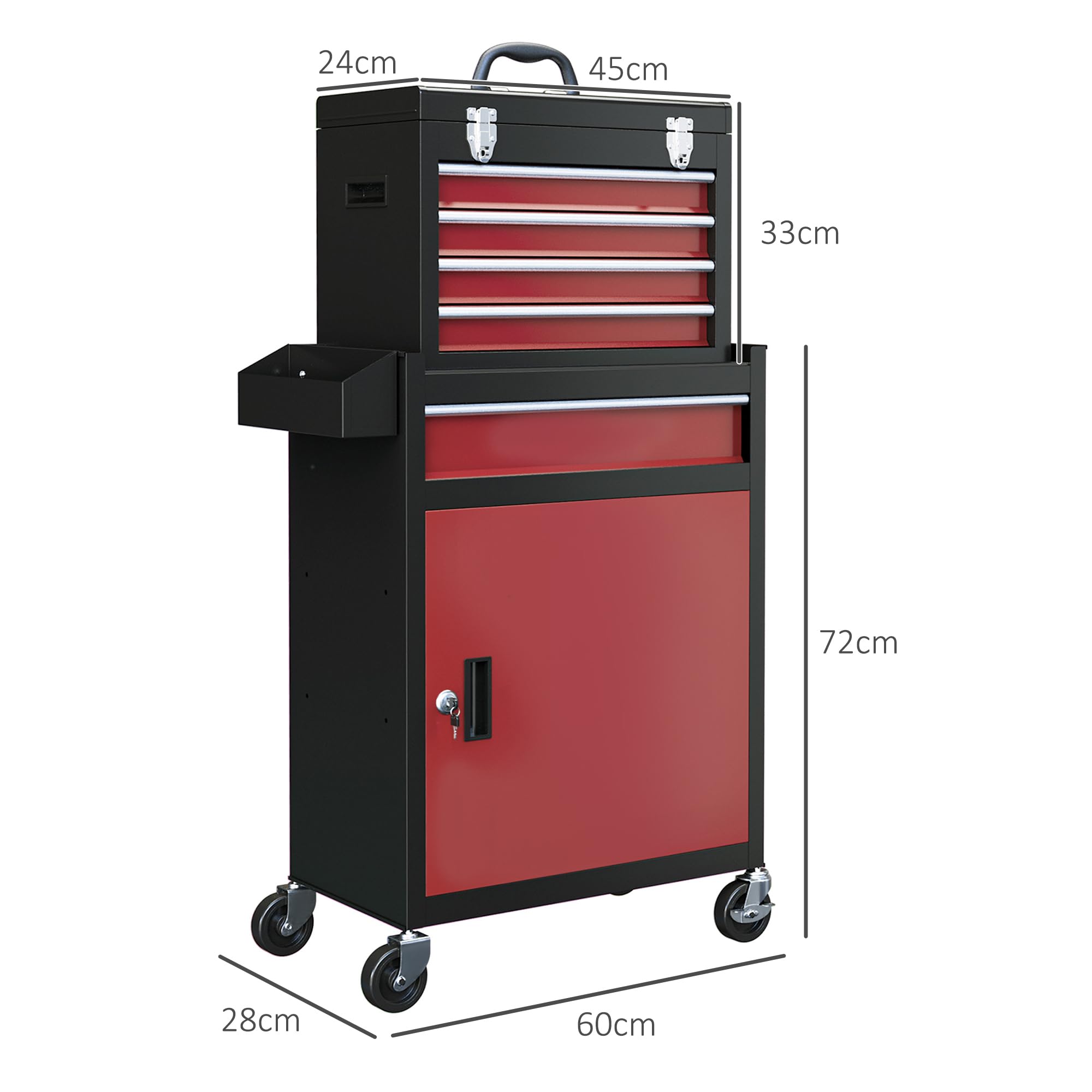HOMCOM Carro de Herramientas con 5 Cajones y Cerraduras Carro de Taller con Ruedas Caja de Herramientas de Acero con Puerta Extraíble para Taller Garaje Negro y Rojo
