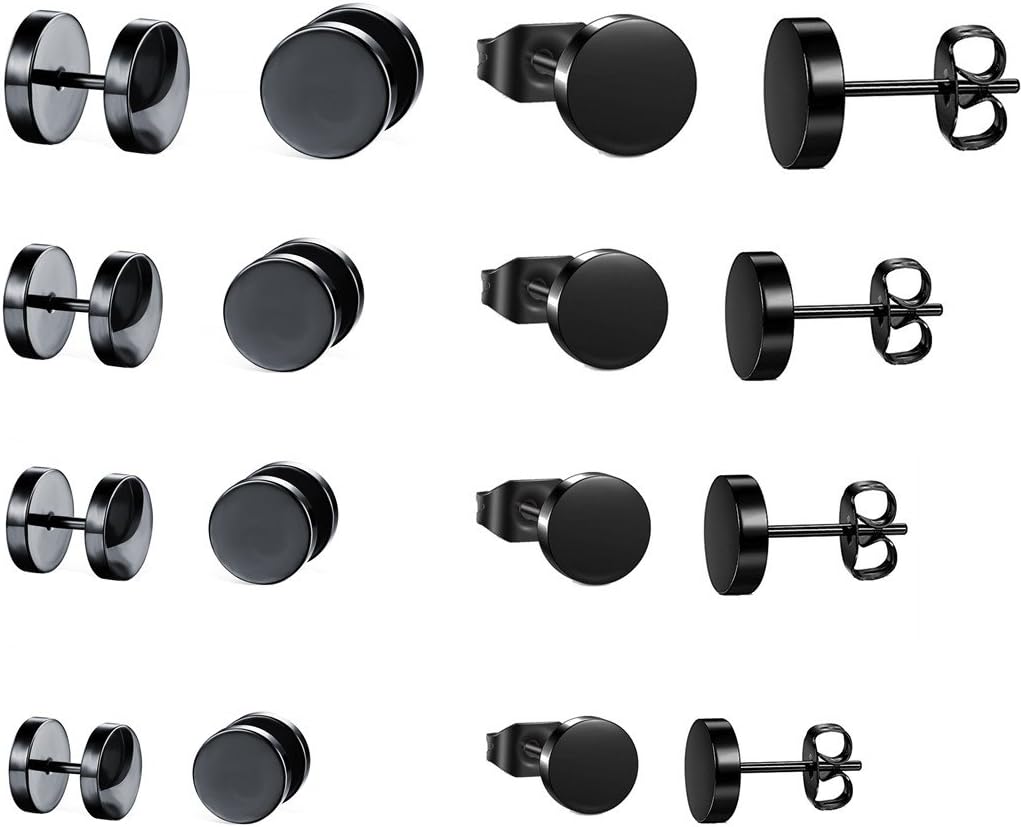 hopewey Tunnel Stud Earrings 8 Pairs Black Hoops Earrings, Hoop Earrings Ear Clips Dangling Tunnel Huggie Piercing Stud Earrings Stainless Steel Ear Jewelry for Men and Women