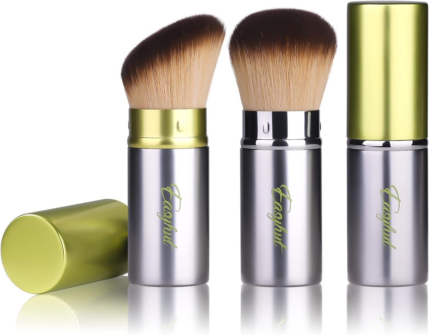 Retractable Kabuki Makeup Brushes 2 Pcs Blush Brushes Set Portable Powder Brushes with Flat and Angled Top for Liquid Cream Cosmetics Travel, large/1.18inch(Silver Green)