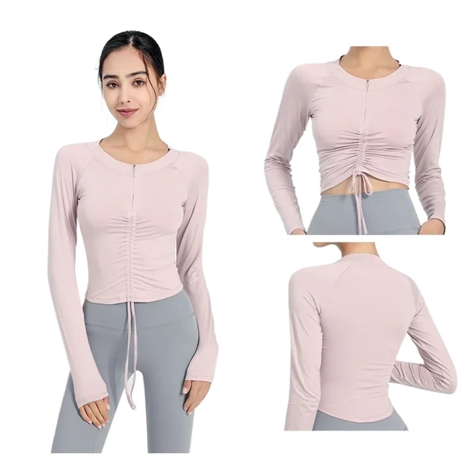 Camicia a Maniche Lunghe Semi Zip con Coulisse Frontale Top da Yoga Donna Sport Activewear Top da Corsa for Fitness Camicetta Femminile Palestra da Donna per Sport Casual