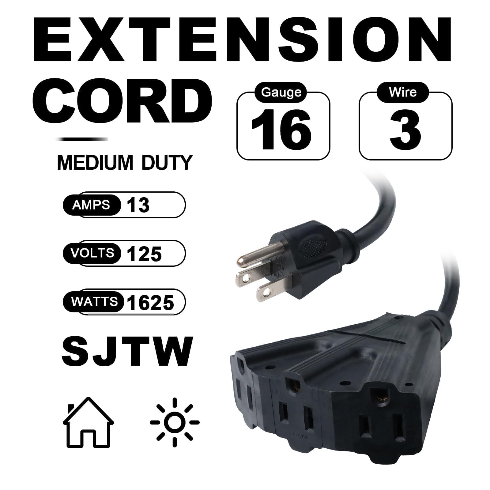 EP Paquete de 2 cables de extensión para exteriores de 10 pies con 3 tomas de corriente eléctricas, cable negro duradero 16/3 SJTW con enchufe de tierra de 3 clavijas