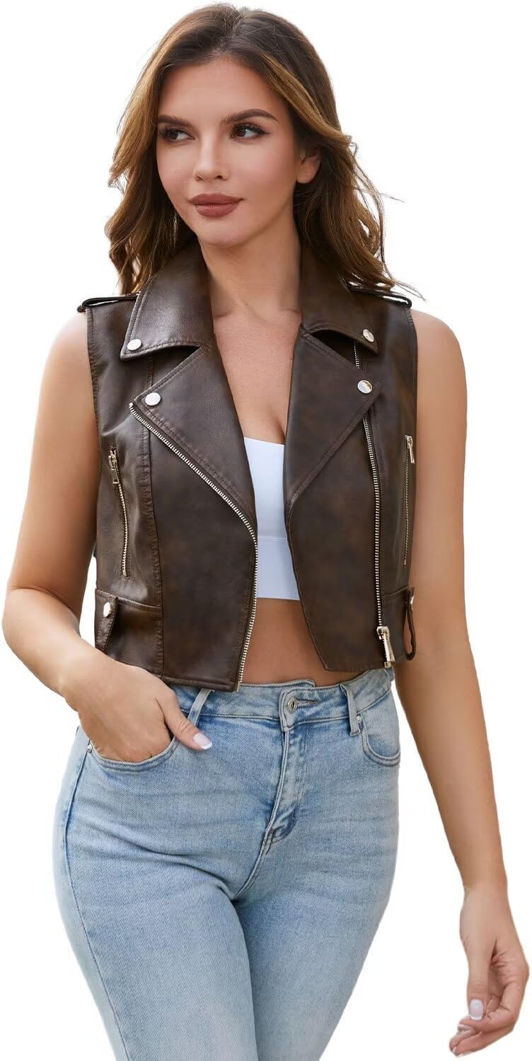 DIASHINY Faux Leather Vest For Women Lapel Sleeveless Moto Slim Fit PU Motorcycle Biker Waistcoat