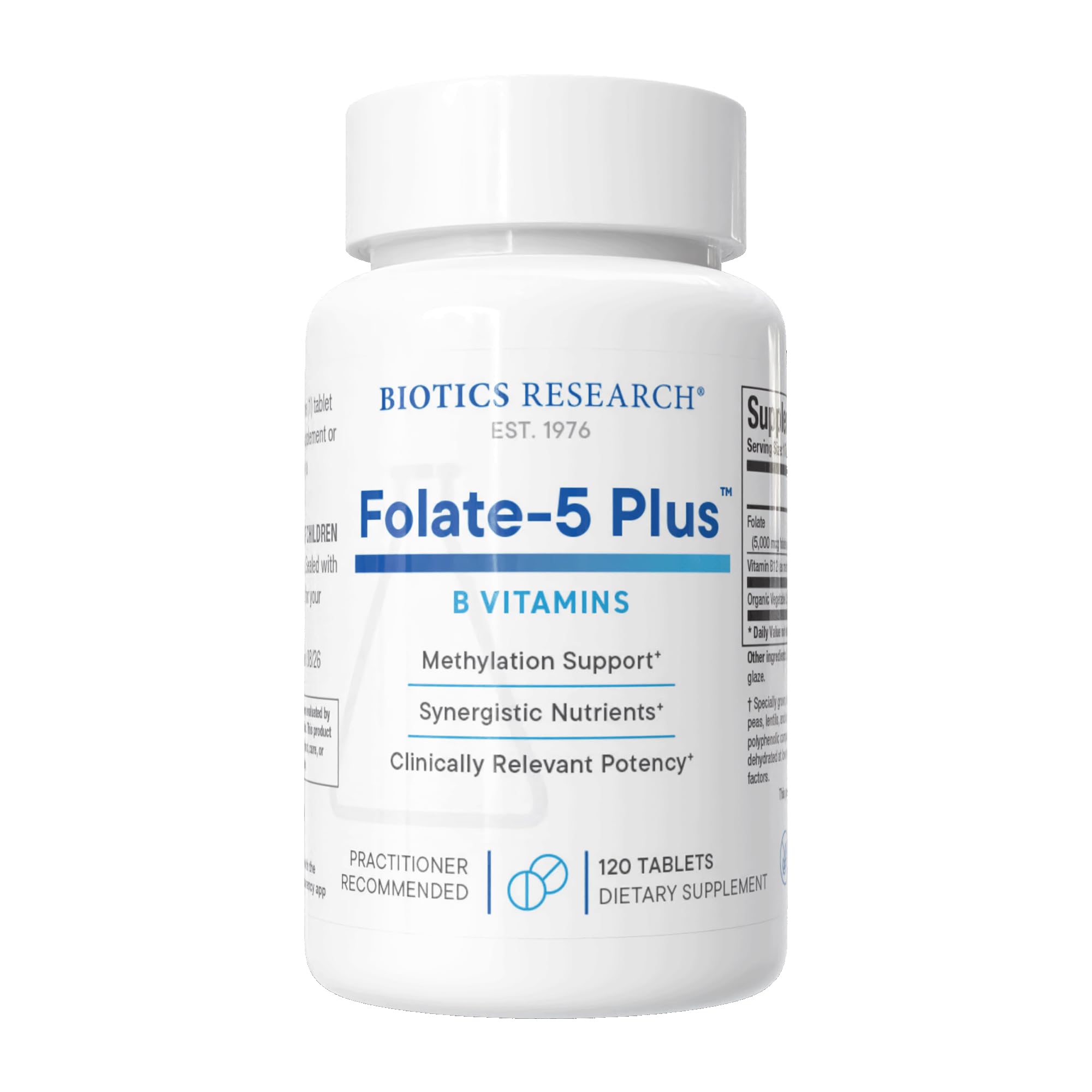 BIOTICS RESEARCH Folate 5 Plus, High Potency Folate 5mg with B12, 120 tabs