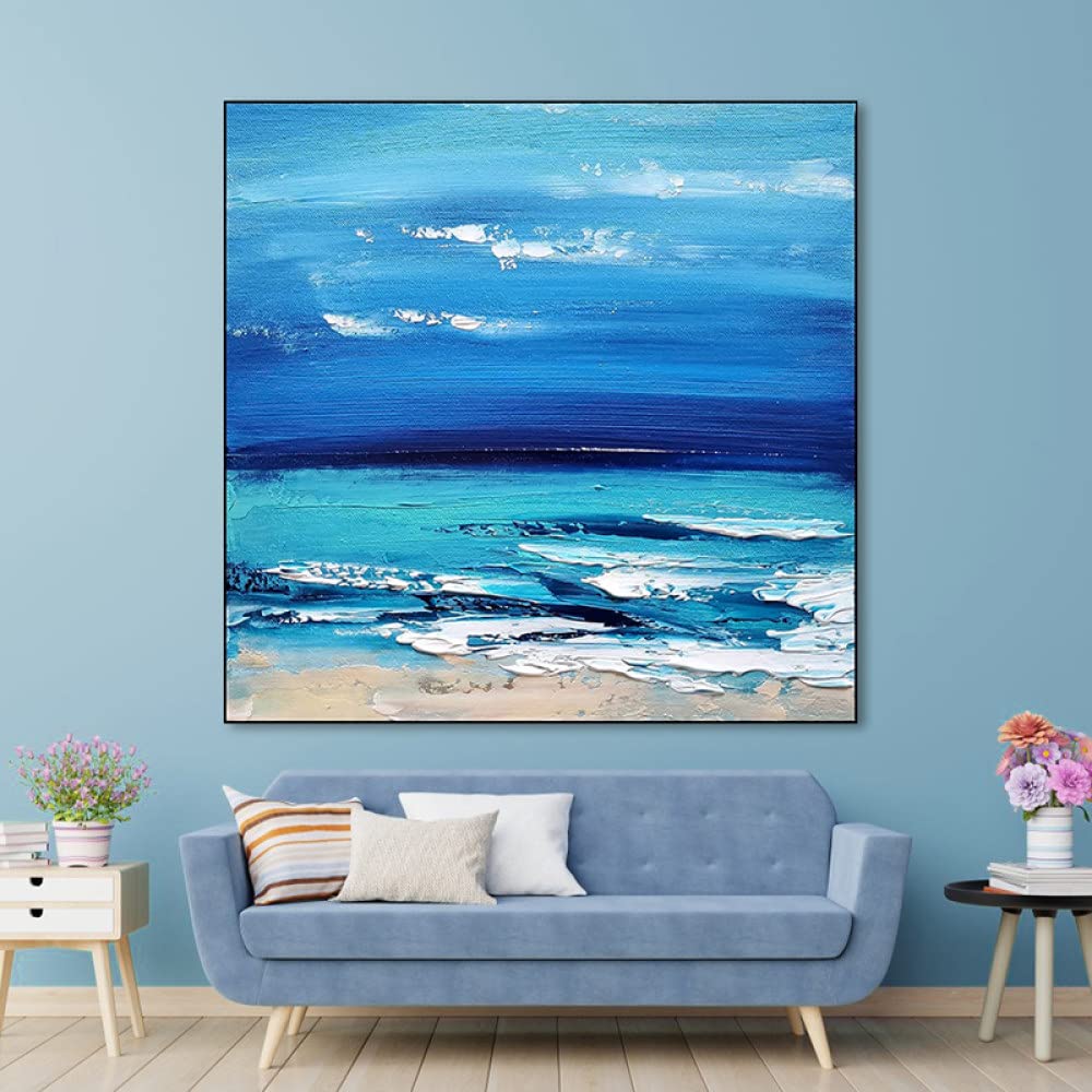 Dipinti Su Tela, Struttura Blu Cielo Mare Onde Spiaggia Scenario Arte Astratta Moderna Opere D'Arte Dipinti Dipinti A Mano Dipinti Ad Olio Su Tela Wall Art Per Soggiorno Camera Da Letto Ufficio Hom