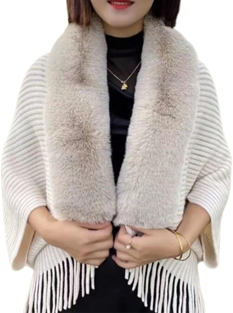ZYXZHXhxll Ladies Knitted Loose Thickened Shawl,Knit Fringe Cape Shawl Fur Collar Cape,Shawls and Wraps for Evening Dresses (off-white,One Size)