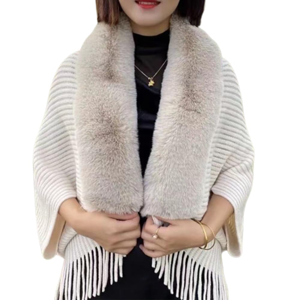 ZYXZHXhxll Ladies Knitted Loose Thickened Shawl,Knit Fringe Cape Shawl Fur Collar Cape,Shawls and Wraps for Evening Dresses (off-white,One Size)
