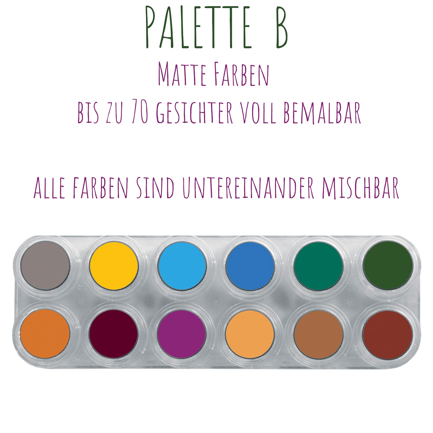 Grimas Profi Schminkpalette Water Make-Up B, 12x2.5ml, hochwertige Kinderschminke/Karnevalsschminke auf Wasserbasis