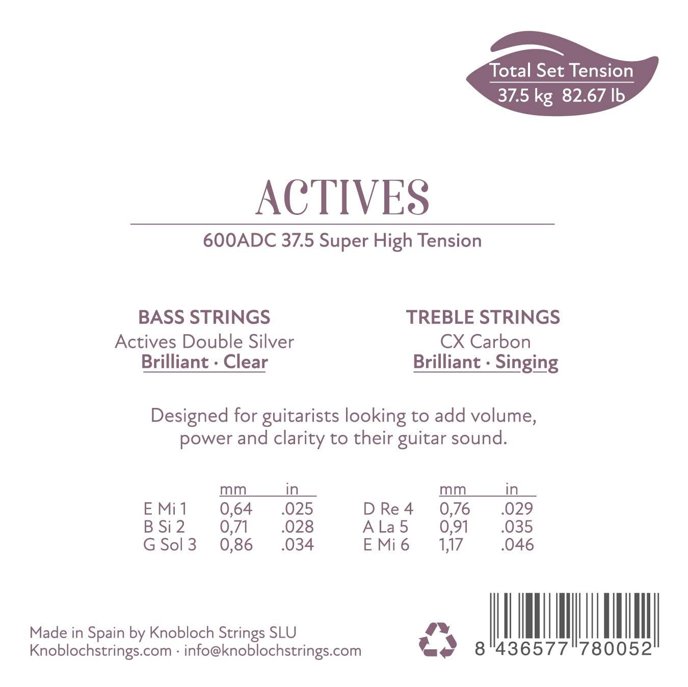 KNOBLOCH STRINGS - Corde per chitarra spagnola | 600ADC ACTIVES Double Silver | Tensione super-alta 37.5 | Bassi e alti luminosi | Suono nitido e proiezione | Vibrato facile | Fenicotteri e classici
