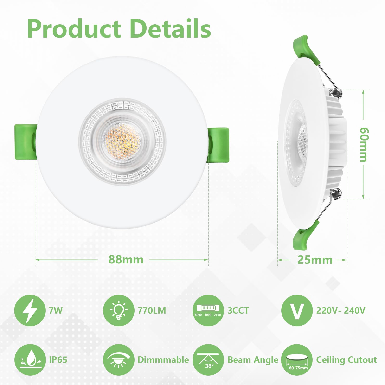KYOTECH Reflektor LED 230 V z możliwością ściemniania 60–75 mm, reflektor LED 7 W 770 lm, bardzo płaski, reflektor sufitowy 2700 K/4000K/6000K, oświetlenie wpuszczane IP65 do łazienki Balkon do salonu