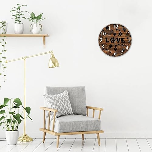 Miniatura 7 de Reloj de pared redondo de PVC con huellas de perro rústico de madera de granero antiguo, funciona con pilas, reloj silencioso sin tictac de 10 x 10
